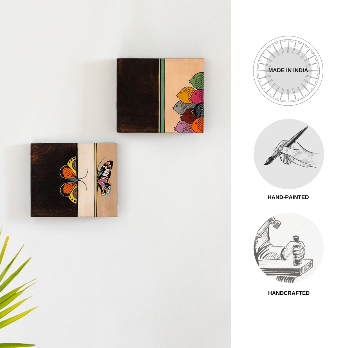 'Butterfly-Fish Pair' Hand-Painted Wall Decor Hanging In Mango Wood (Set Of 2, 18 cm)