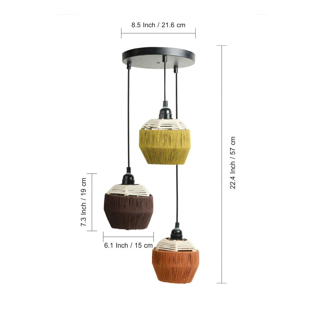 Jute Flares' Handwoven Adjustable Chandelier With Hanging Lamp Shades In Jute & Iron (3 Shades | 55.9 cm)