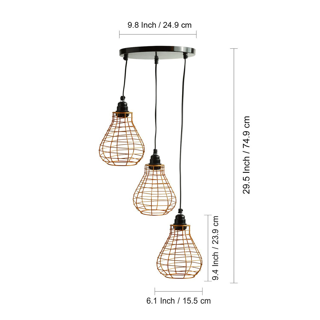 'Bird Nest' Handcrafted Chandelier With Hanging Lamp Shades In Iron (3 Shades, 74.9 cm, Golden)
