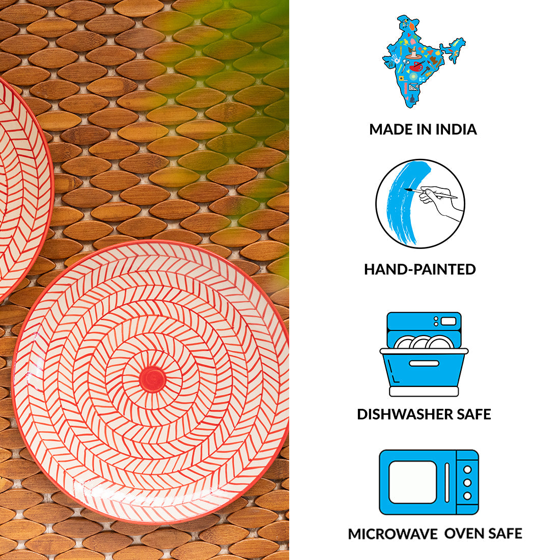 Red Chevrons' Hand-Painted Ceramic Dinner Plates (Set Of 2 | 25.4 cm | Microwave Safe)