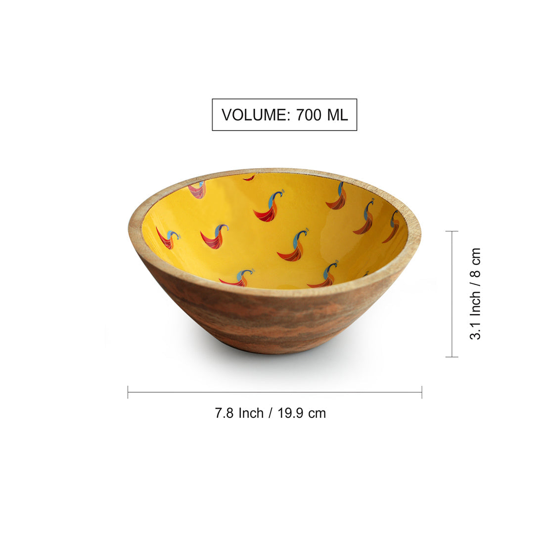 'Peacocks' Handenamelled Serving Salad Bowl (19.8 cm, 700 ml, Mango Wood, Handcrafted)
