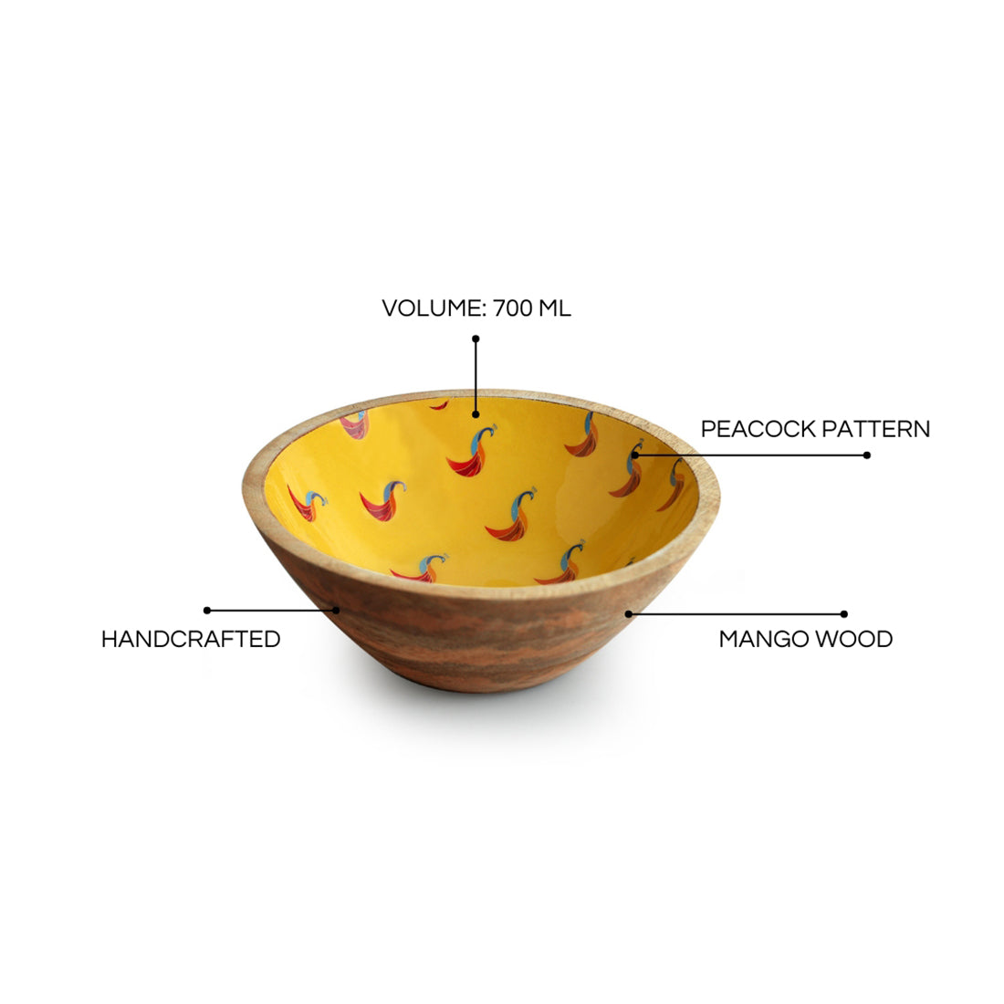 'Peacocks' Handenamelled Serving Salad Bowl (19.8 cm, 700 ml, Mango Wood, Handcrafted)