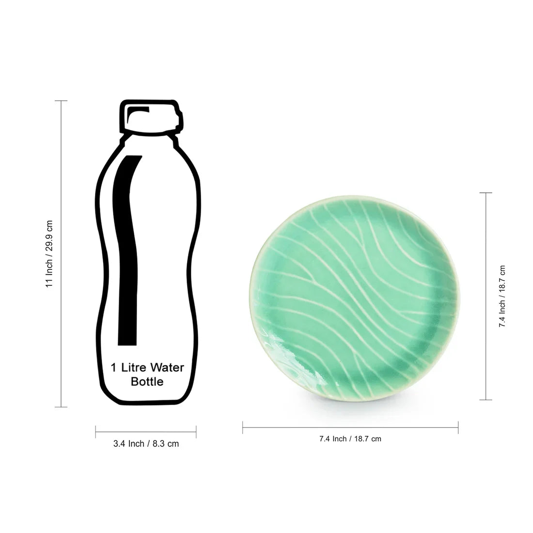 'Carribean Green' Hand Glazed Ceramic Side/Quarter Plates (Set of 2, Microwave Safe, Hand-Etched)