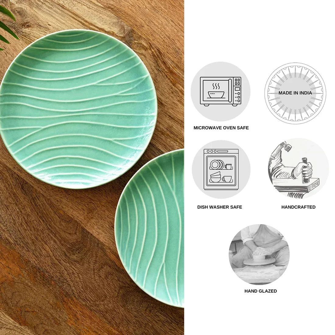 'Caribbean Green' Hand Glazed Ceramic Dinner Plates (Set of 2, Microwave Safe, Hand-Etched)