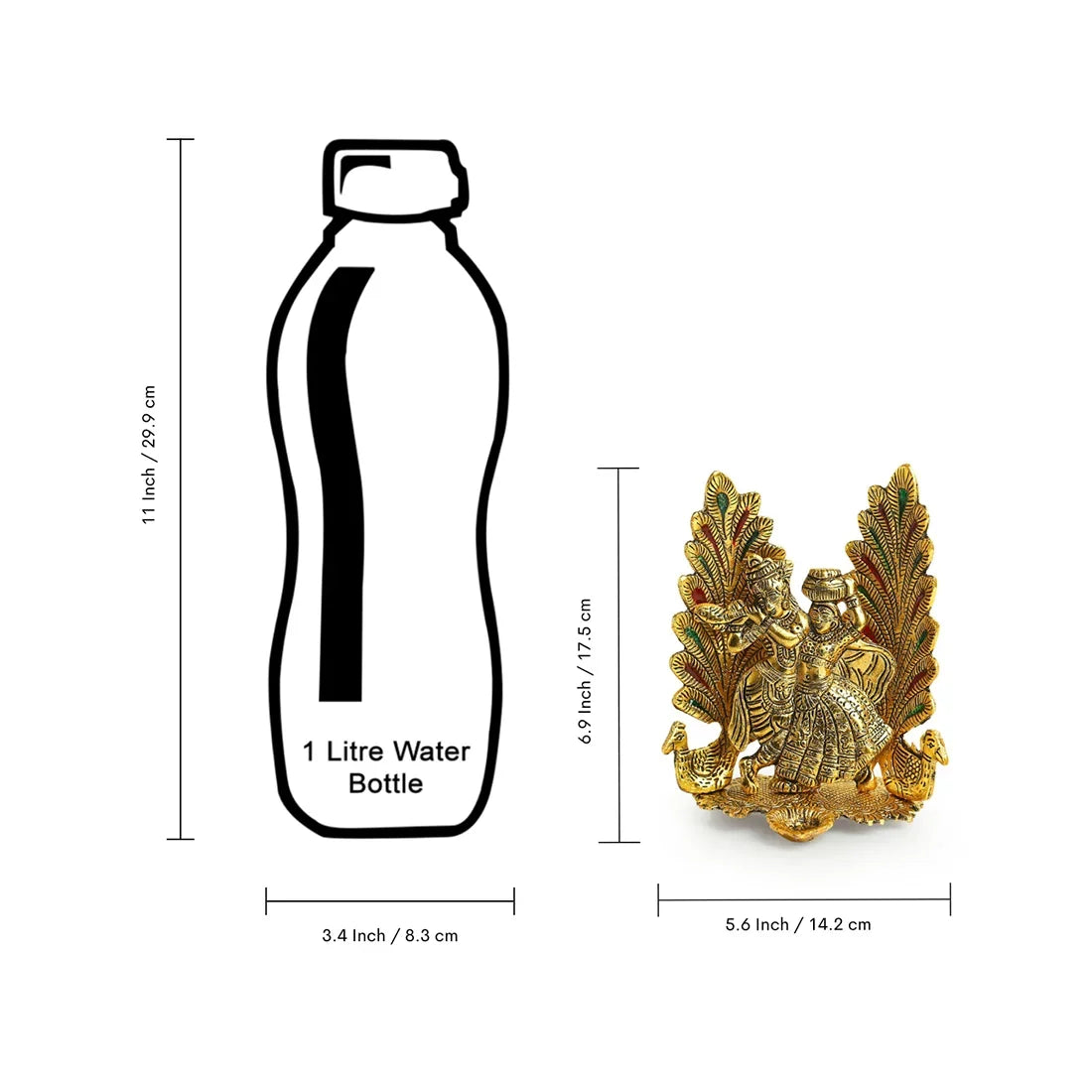 'Radha-Krishna & Peacock' Idol Showpiece Figurine with Diya (1 Wick, 17.5 cm, Golden, Metal, Handcrafted)