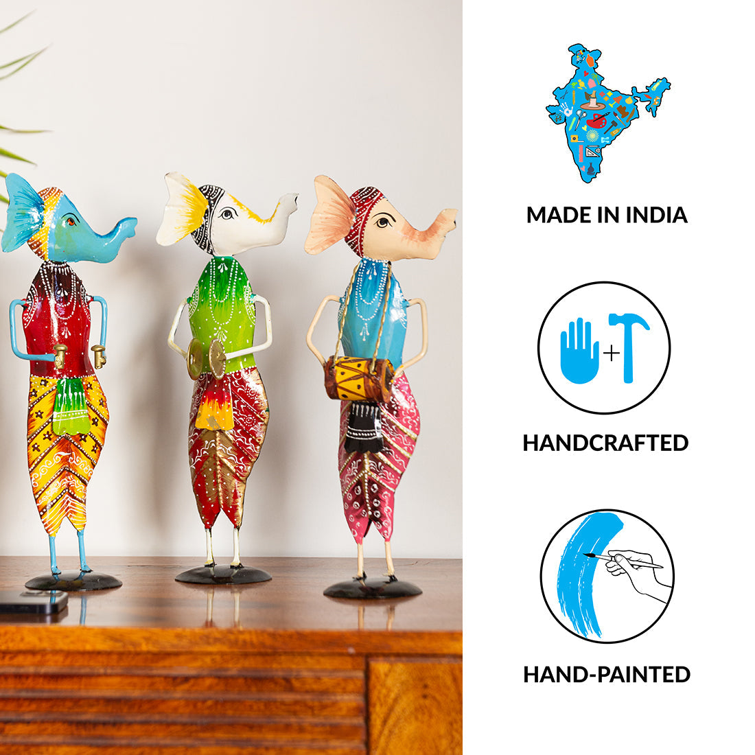 'Melodious Ganesha Trio' Handpainted Decorative Showpieces In Metal (Set of 3, 30.5 cm)