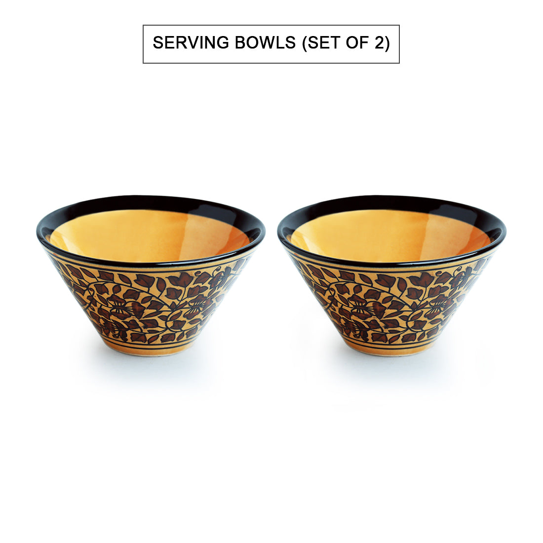 'Mughal Floral' Hand-painted Ceramic Serving Bowls (Set of 2, 520 ML, Microwave Safe)