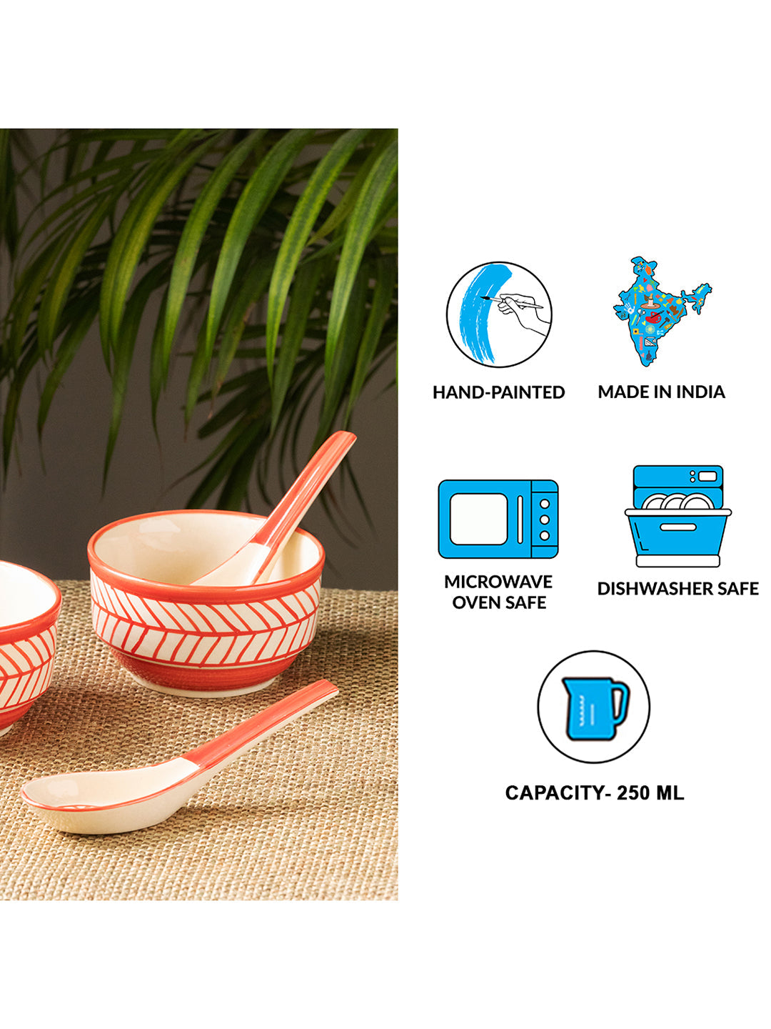 Red Chevrons' Handcrafted Ceramic Soup Bowls With Spoons (Set of 2 | 250 ML | Microwave Safe)
