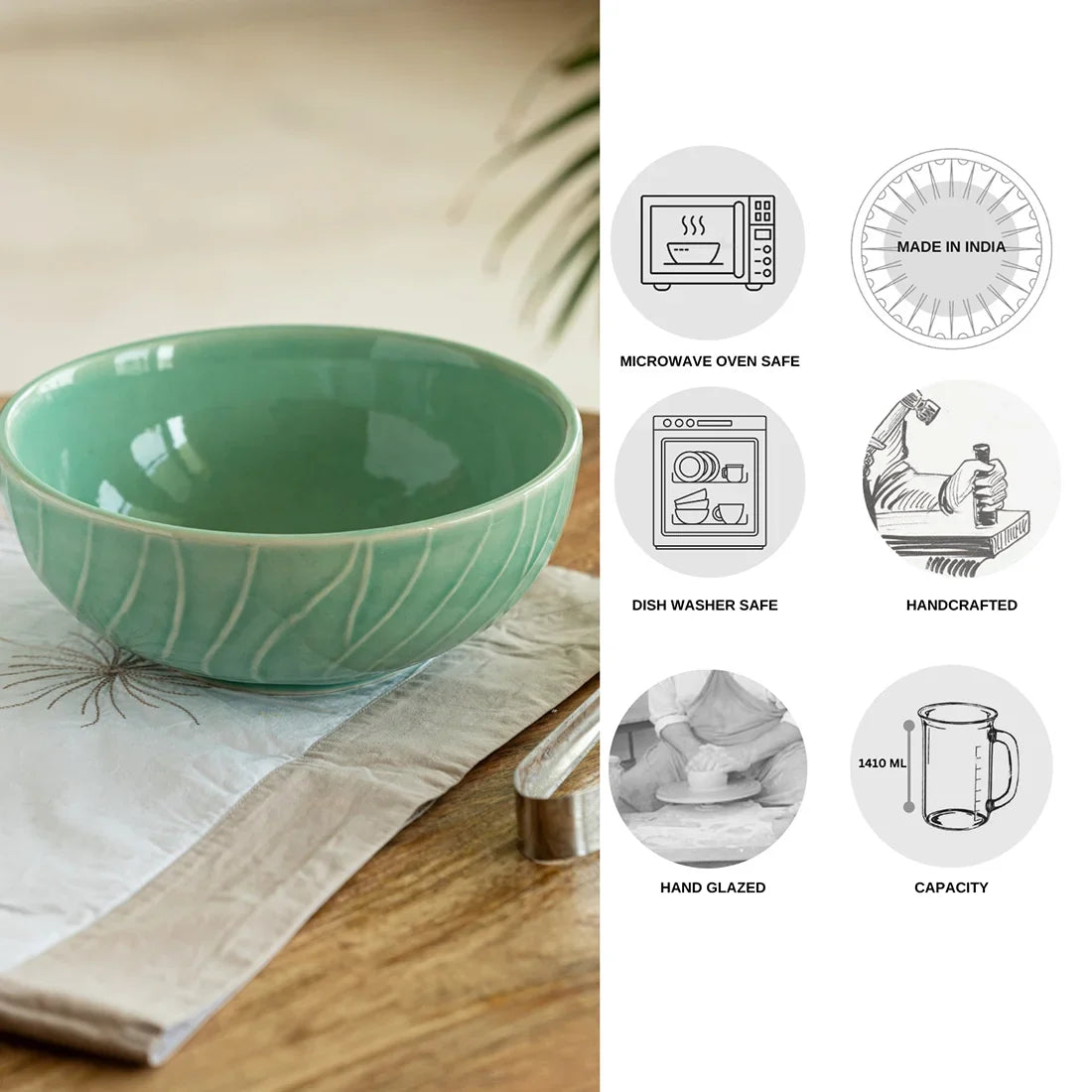 'Caribbean Green' Hand Glazed Ceramic Serving Bowl (1410 ml, Hand-Etched, Microwave Safe)