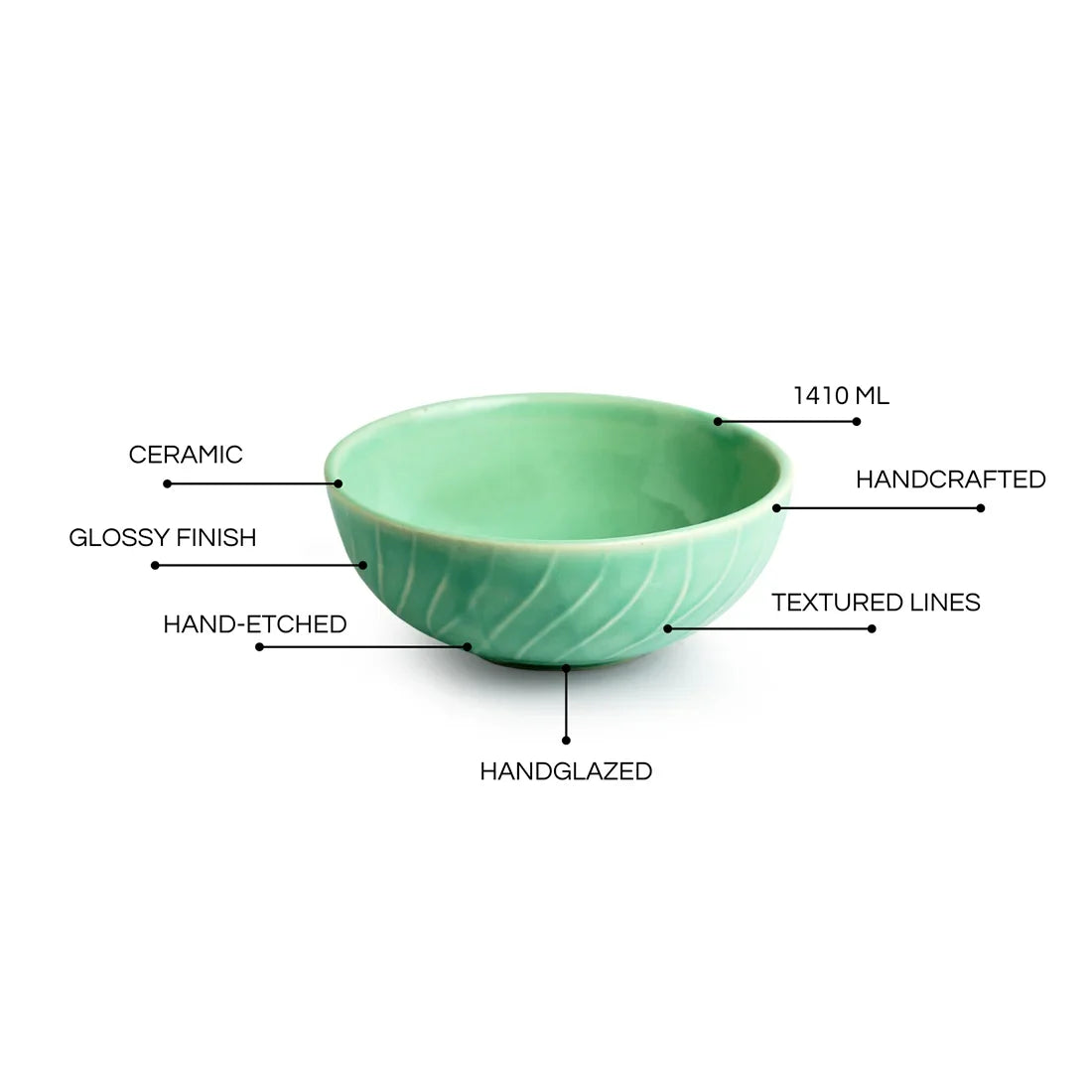'Caribbean Green' Hand Glazed Ceramic Serving Bowl (1410 ml, Hand-Etched, Microwave Safe)