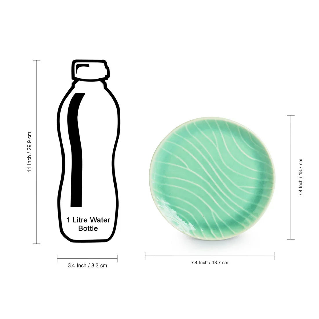 'Carribean Green' Hand Glazed Ceramic Side/Quarter Plates (Set of 4, Microwave Safe, Hand-Etched)