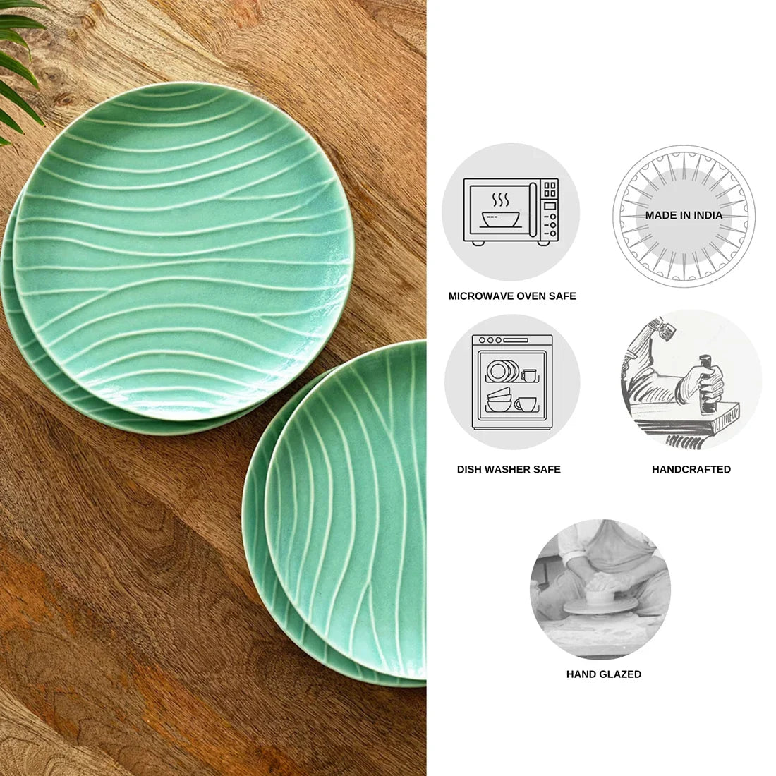'Caribbean Green' Hand Glazed Ceramic Dinner Plates (Set of 4, Microwave Safe, Hand-Etched)