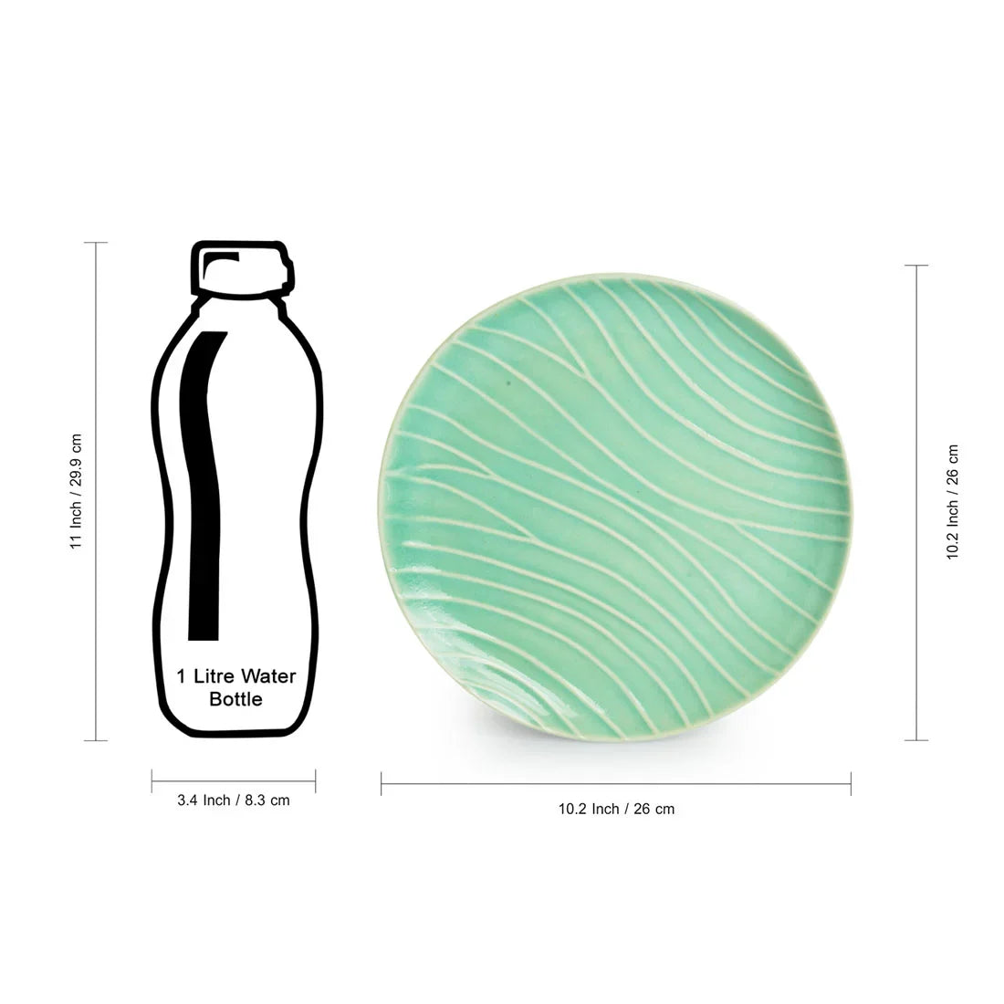 'Caribbean Green' Hand Glazed Ceramic Dinner Plates (Set of 4, Microwave Safe, Hand-Etched)