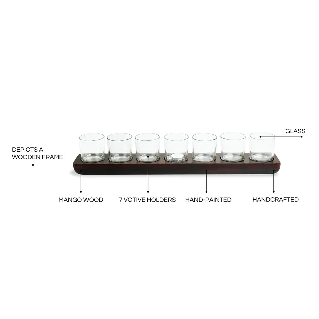 'Linear Flames' Tea Light Holder Centerpiece In Mango Wood & Glass (7 Votive Holders)