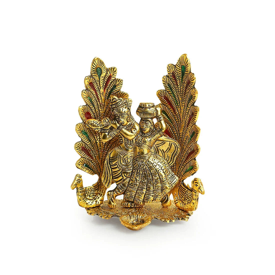 'Radha-Krishna & Peacock' Idol Showpiece Figurine with Diya (1 Wick, 17.5 cm, Golden, Metal, Handcrafted)