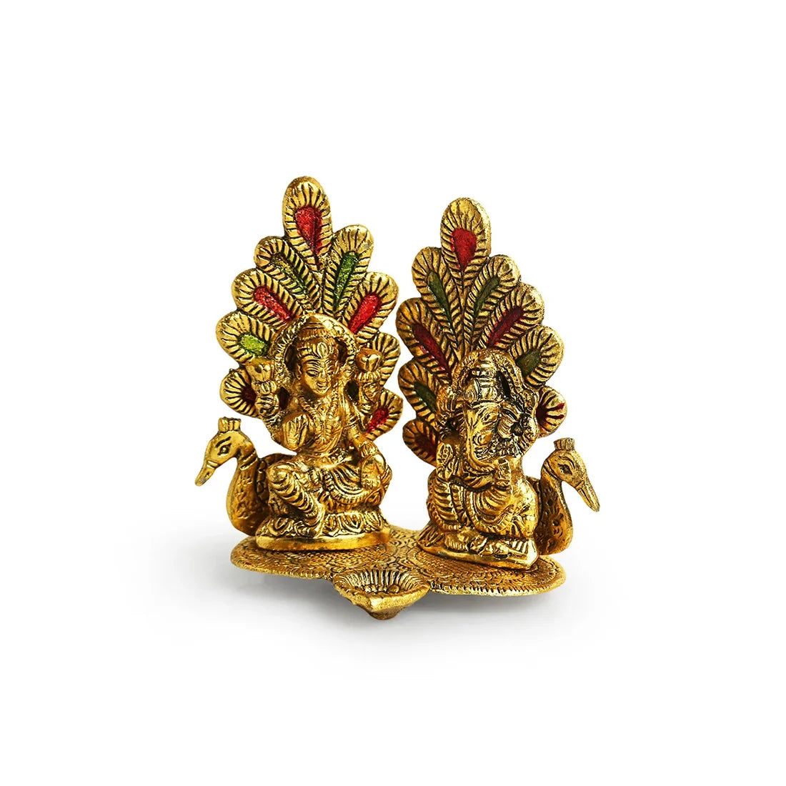 'Laxmi Ganesh & Peacock' Idol Showpiece Figurine with Diya (1 Wick, 14.5 cm, Golden, Metal, Handcrafted)