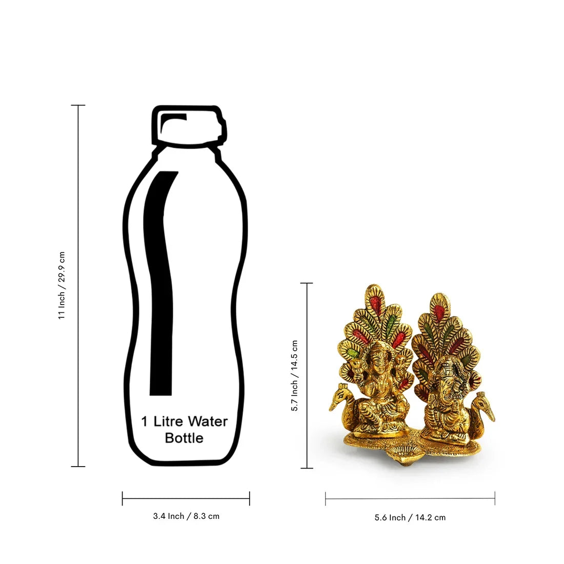 'Laxmi Ganesh & Peacock' Idol Showpiece Figurine with Diya (1 Wick, 14.5 cm, Golden, Metal, Handcrafted)