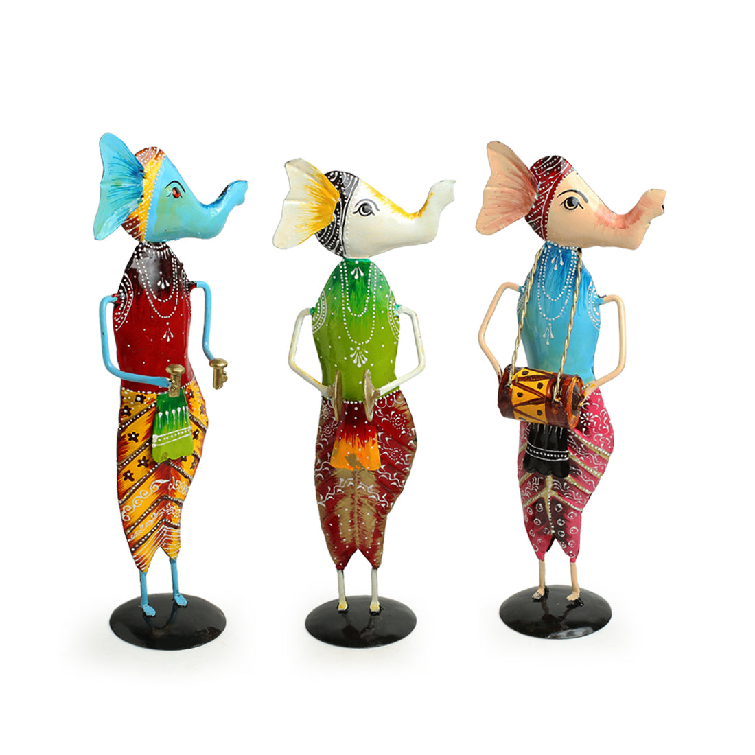 'Melodious Ganesha Trio' Handpainted Decorative Showpieces In Metal (Set of 3, 30.5 cm)