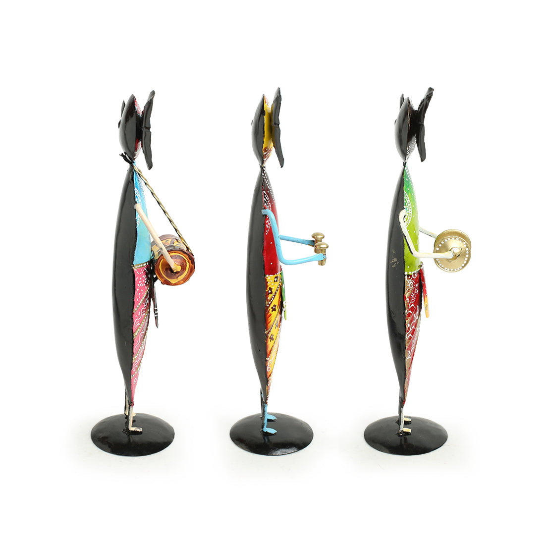'Melodious Ganesha Trio' Handpainted Decorative Showpieces In Metal (Set of 3, 30.5 cm)
