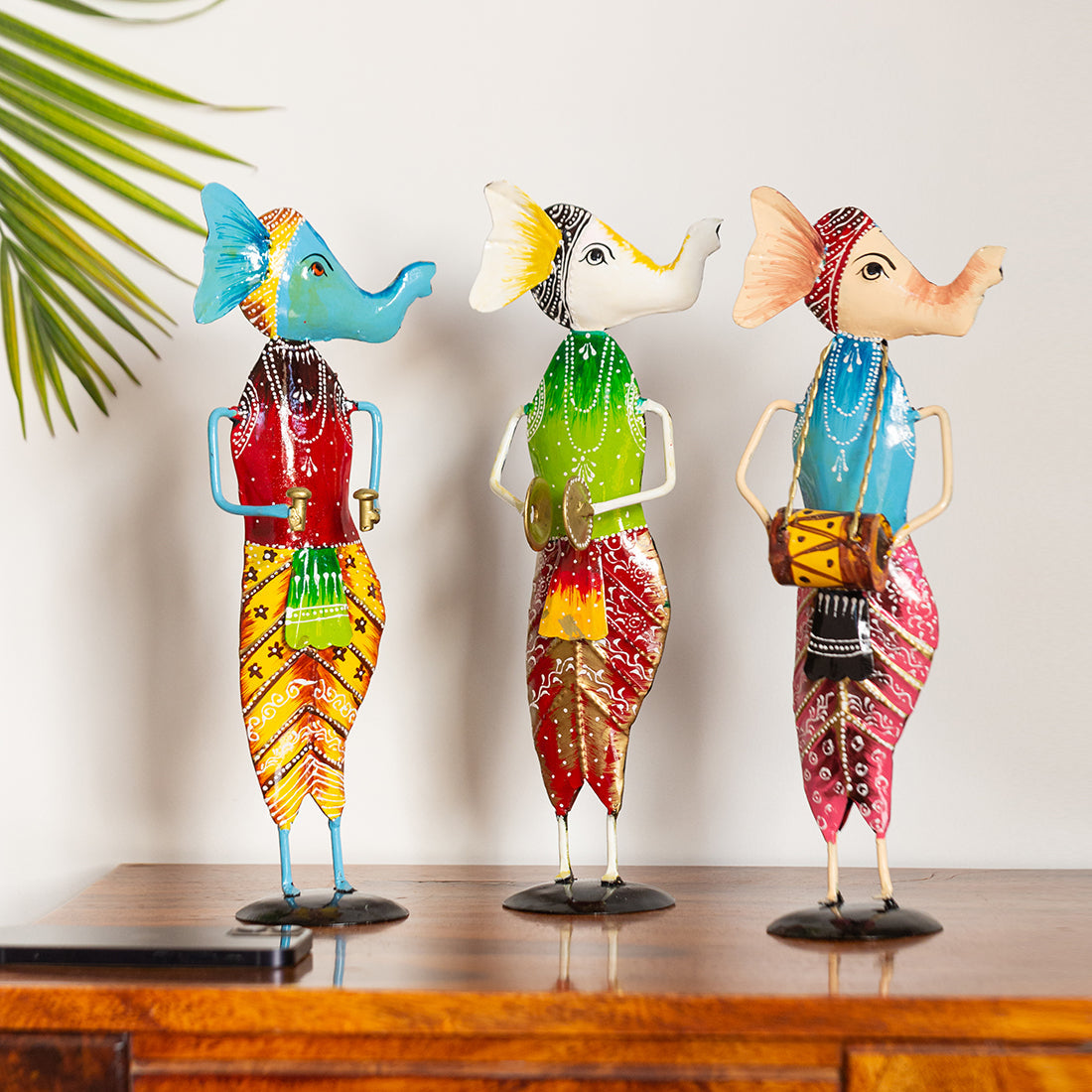 'Melodious Ganesha Trio' Handpainted Decorative Showpieces In Metal (Set of 3, 30.5 cm)